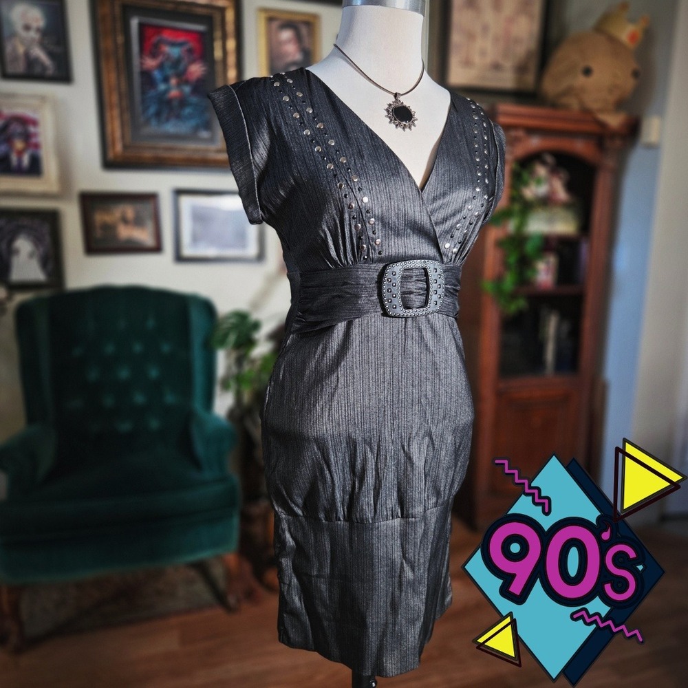 Vintage 90s‎ Uno Core Women's Black Pinstripe Studded V Neck Belted Sheath Dress
